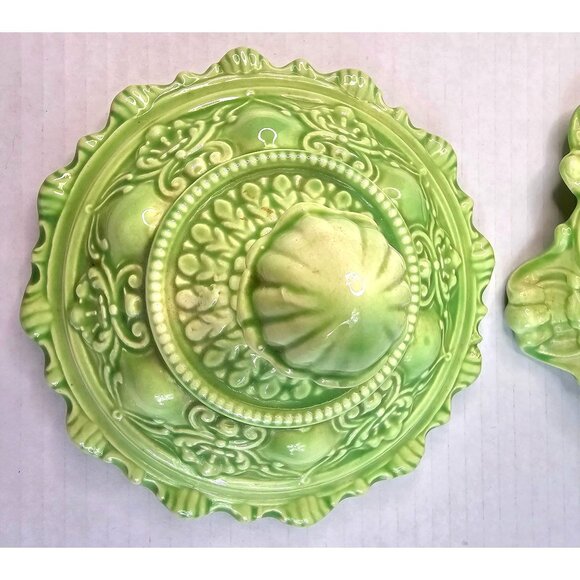 Ornate Vtg Green Ceramic Hand Crafted Pedestal Victorian Candy Jar Farmhouse - Picture 5 of 13